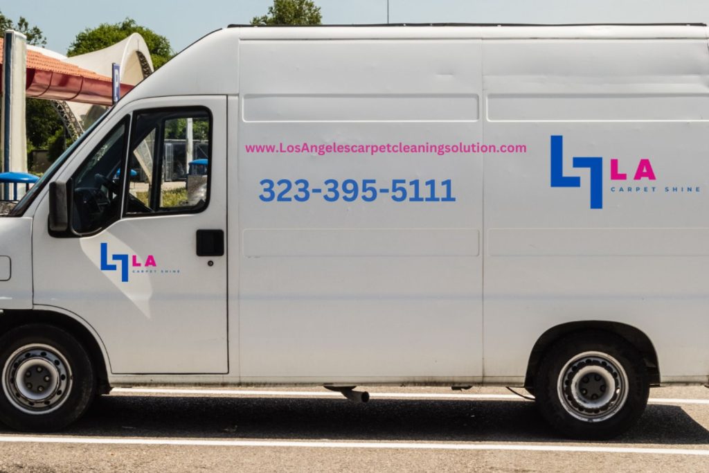 A white van with the LTA logo, indicating a carpet and rug cleaning service based in Los Angeles, CA.